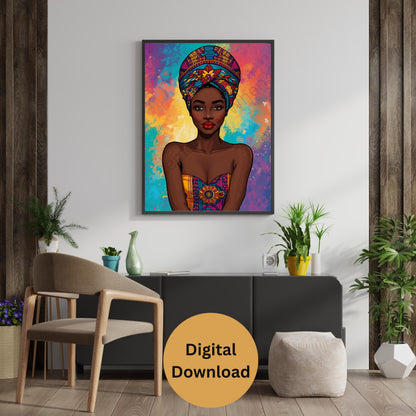 African Woman Digital Art – Colorful Headwrap & Attire, Vibrant Festive Wall Decor