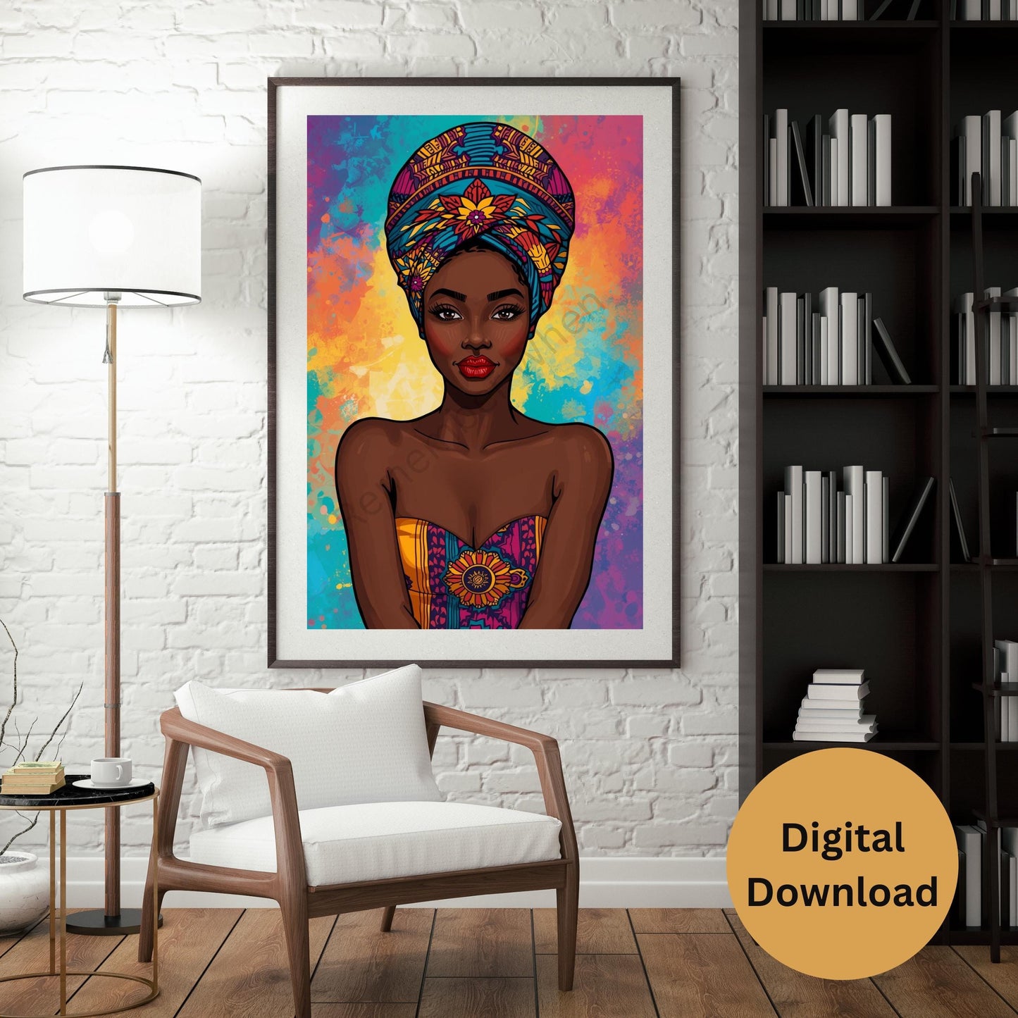 African Woman Digital Art – Colorful Headwrap & Attire, Vibrant Festive Wall Decor