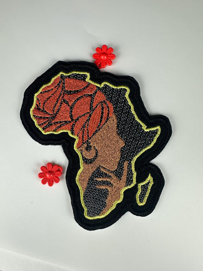 African Pride Patch – Africa Shape Embroidery Patch with Woman in Turban, Red Purple Black Purple Orange and Hot Pink Colors