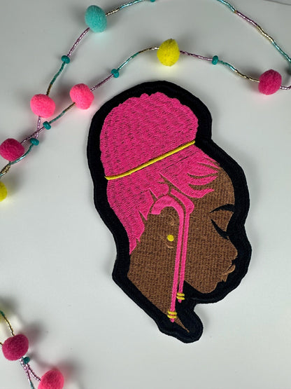 Braided Beauty Patch – Black Woman Embroidery Patch with Braids Updo, Royal Blue & Hot Pink Hair, Afrocentric Sew on Patch