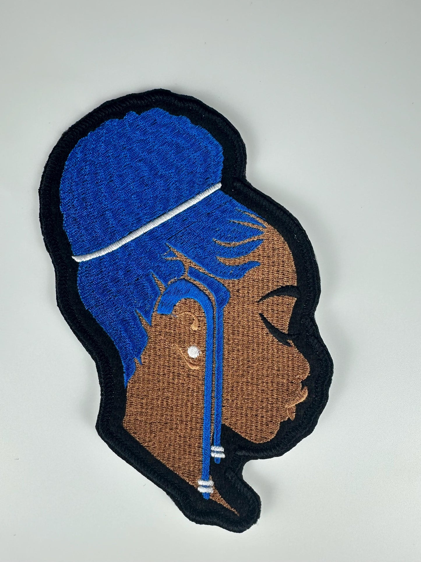 Braided Beauty Patch – Black Woman Embroidery Patch with Braids Updo, Royal Blue & Hot Pink Hair, Afrocentric Sew on Patch