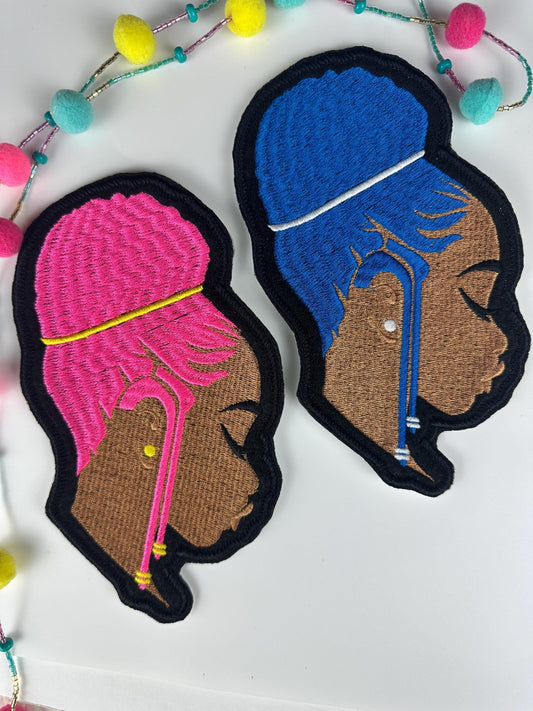 Braided Beauty Patch – Black Woman Embroidery Patch with Braids Updo, Royal Blue & Hot Pink Hair, Afrocentric Sew on Patch
