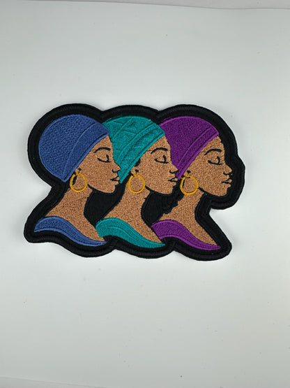 3 Woman of Dignity African Headwrap Embroidery Patch| Red Gold Green, and Purple Teal and Blue colors. Afrocentric Embroidered Art
