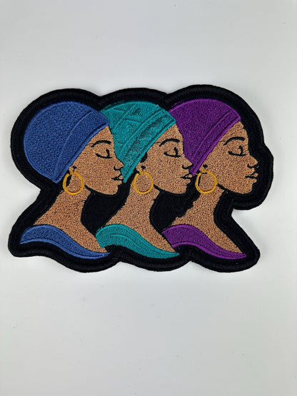 3 Woman of Dignity African Headwrap Embroidery Patch| Red Gold Green, and Purple Teal and Blue colors. Afrocentric Embroidered Art