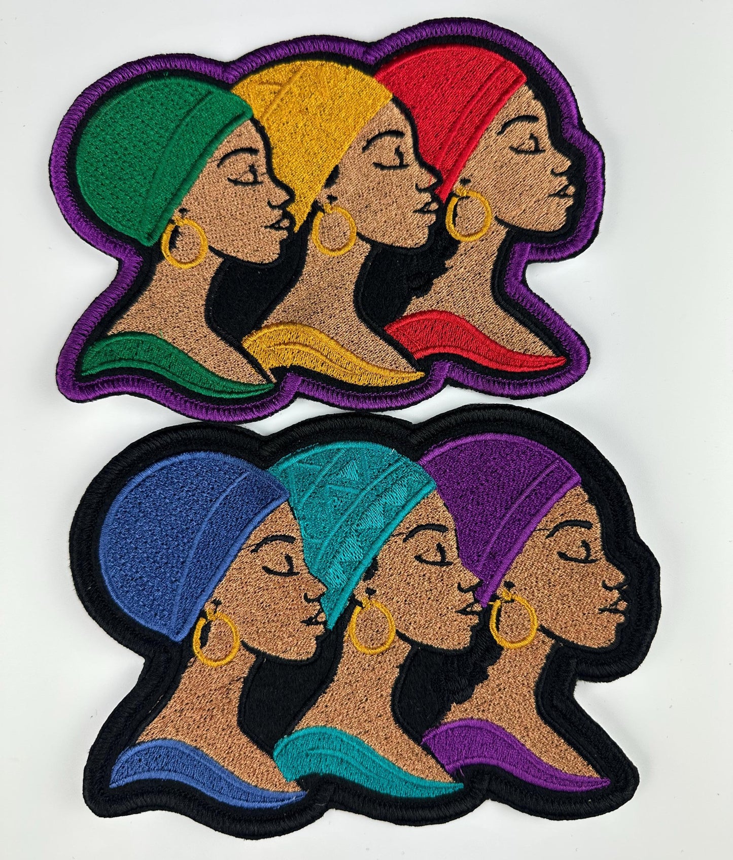 3 Woman of Dignity African Headwrap Embroidery Patch| Red Gold Green, and Purple Teal and Blue colors. Afrocentric Embroidered Art