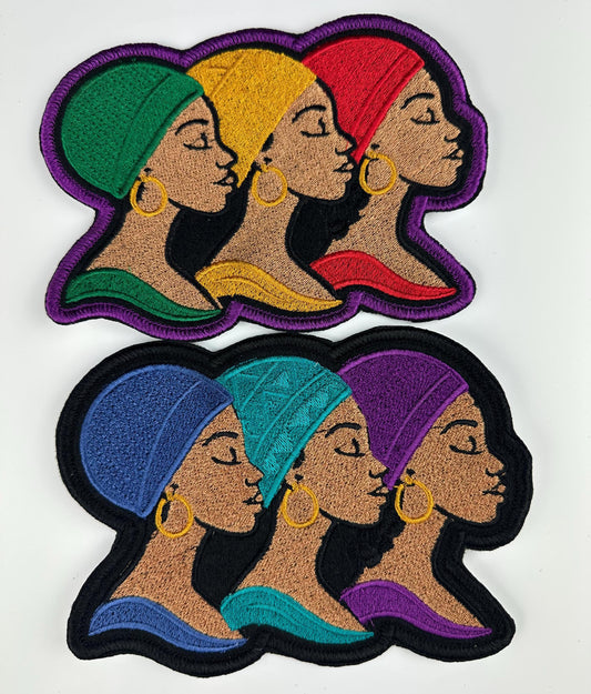 3 Woman of Dignity African Headwrap Embroidery Patch| Red Gold Green, and Purple Teal and Blue colors. Afrocentric Embroidered Art
