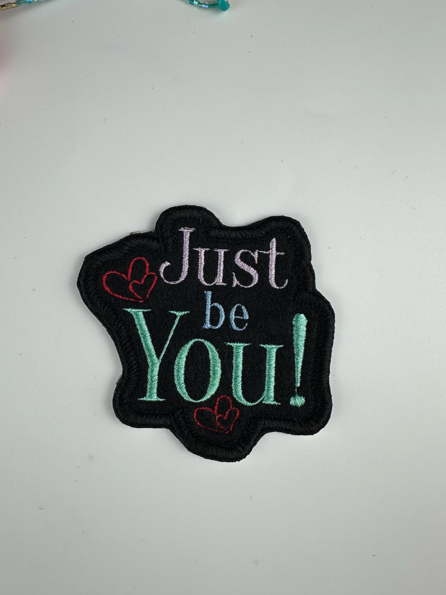 Just Be You Embroidery Patch | Teal, Lavender & Blue with Red Hearts | Positive Self Love Patch with satin border