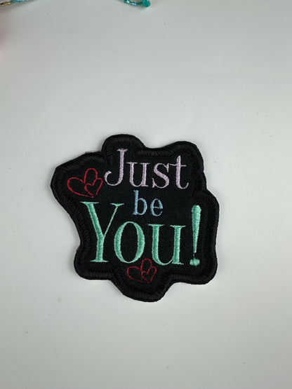 Just Be You Embroidery Patch | Teal, Lavender & Blue with Red Hearts | Positive Self Love Patch with satin border