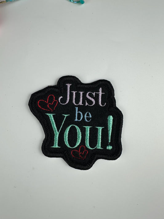 Just Be You Embroidery Patch | Teal, Lavender & Blue with Red Hearts | Positive Self Love Patch with satin border
