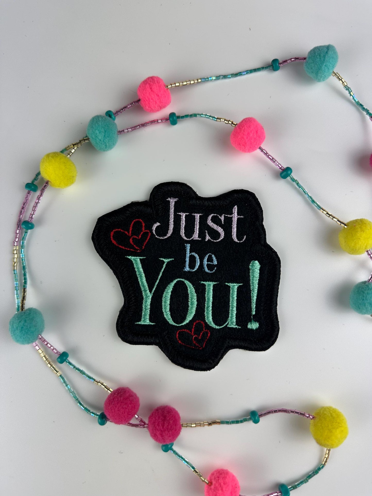 Just Be You Embroidery Patch | Teal, Lavender & Blue with Red Hearts | Positive Self Love Patch with satin border