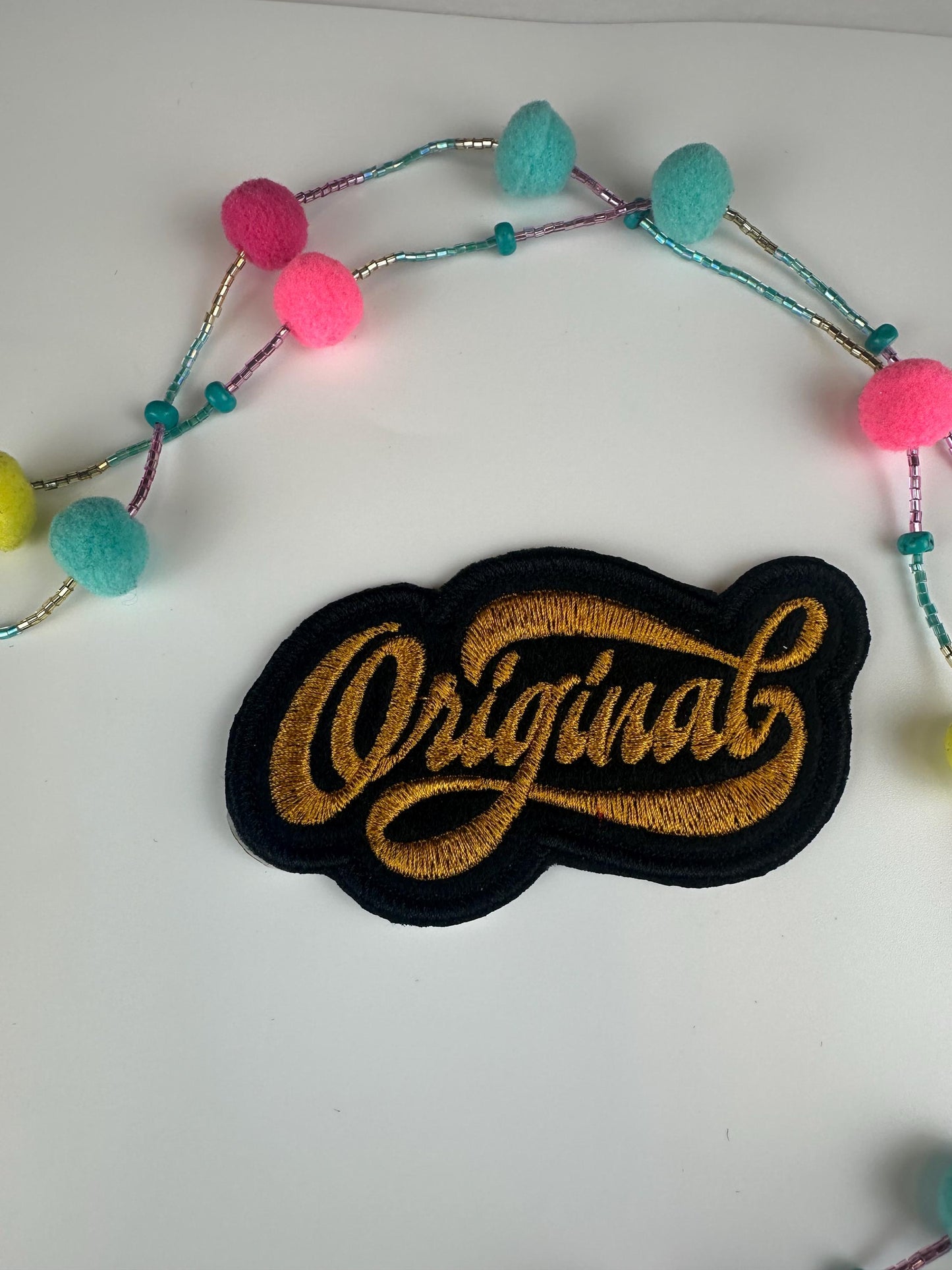 Original Embroidery Patch | Red, Gold & Light Blue Design | Black Satin Border |