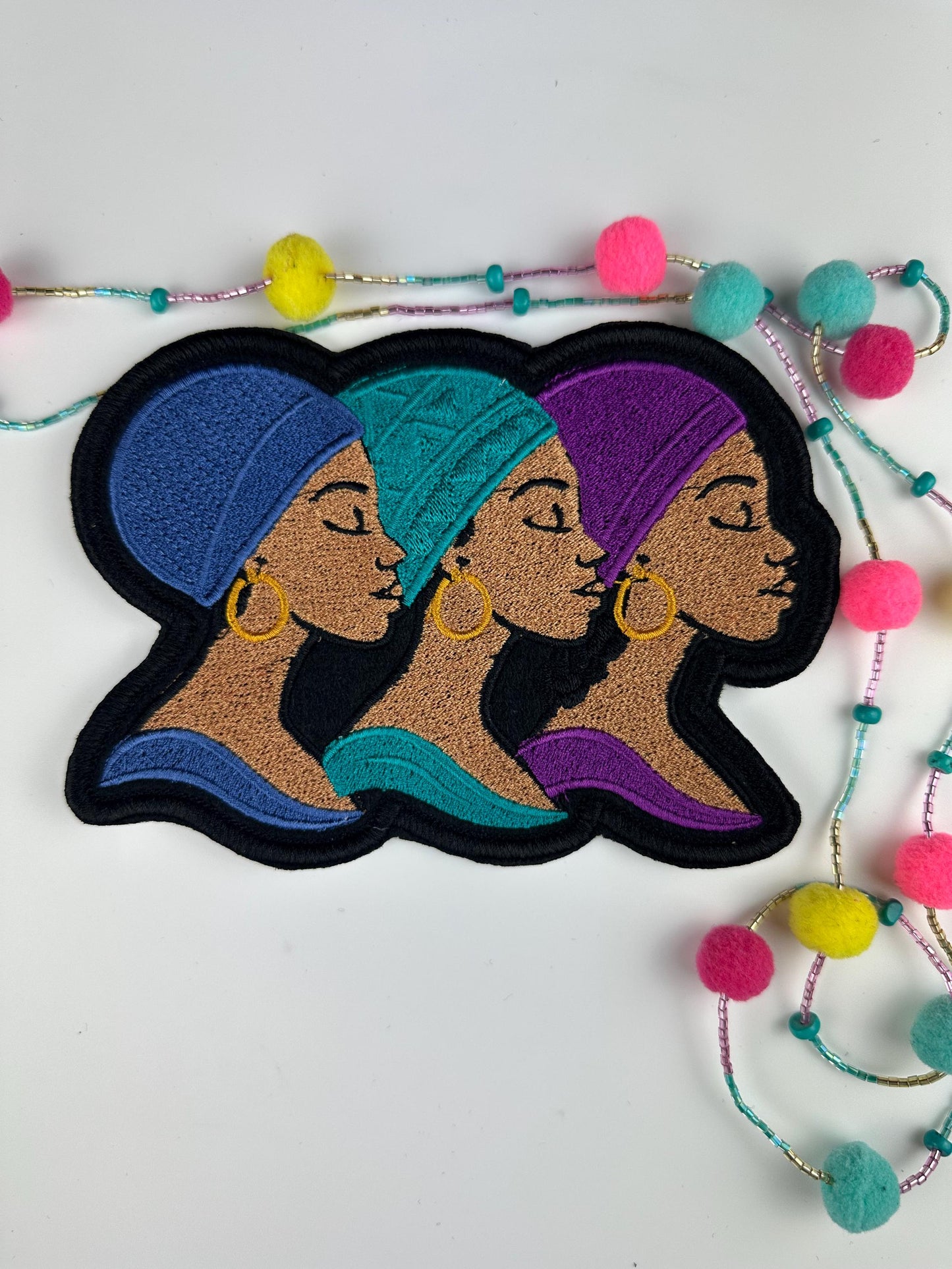 3 Woman of Dignity African Headwrap Embroidery Patch| Red Gold Green, and Purple Teal and Blue colors. Afrocentric Embroidered Art