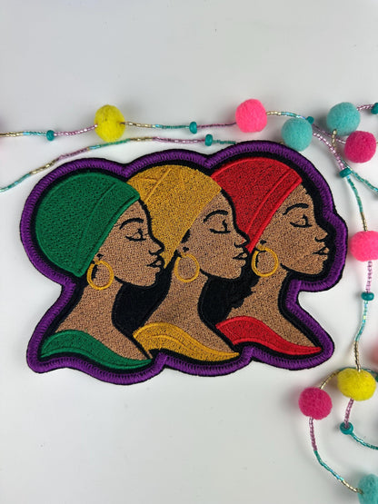 3 Woman of Dignity African Headwrap Embroidery Patch| Red Gold Green, and Purple Teal and Blue colors. Afrocentric Embroidered Art