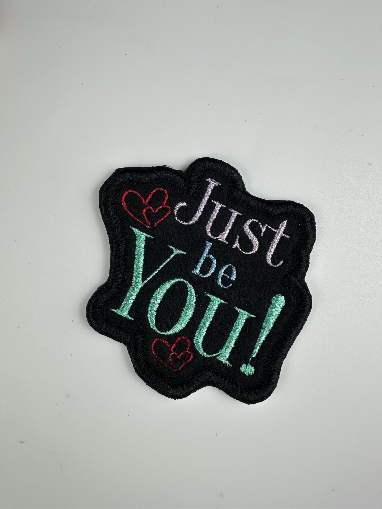 Just Be You Embroidery Patch | Teal, Lavender & Blue with Red Hearts | Positive Self Love Patch with satin border