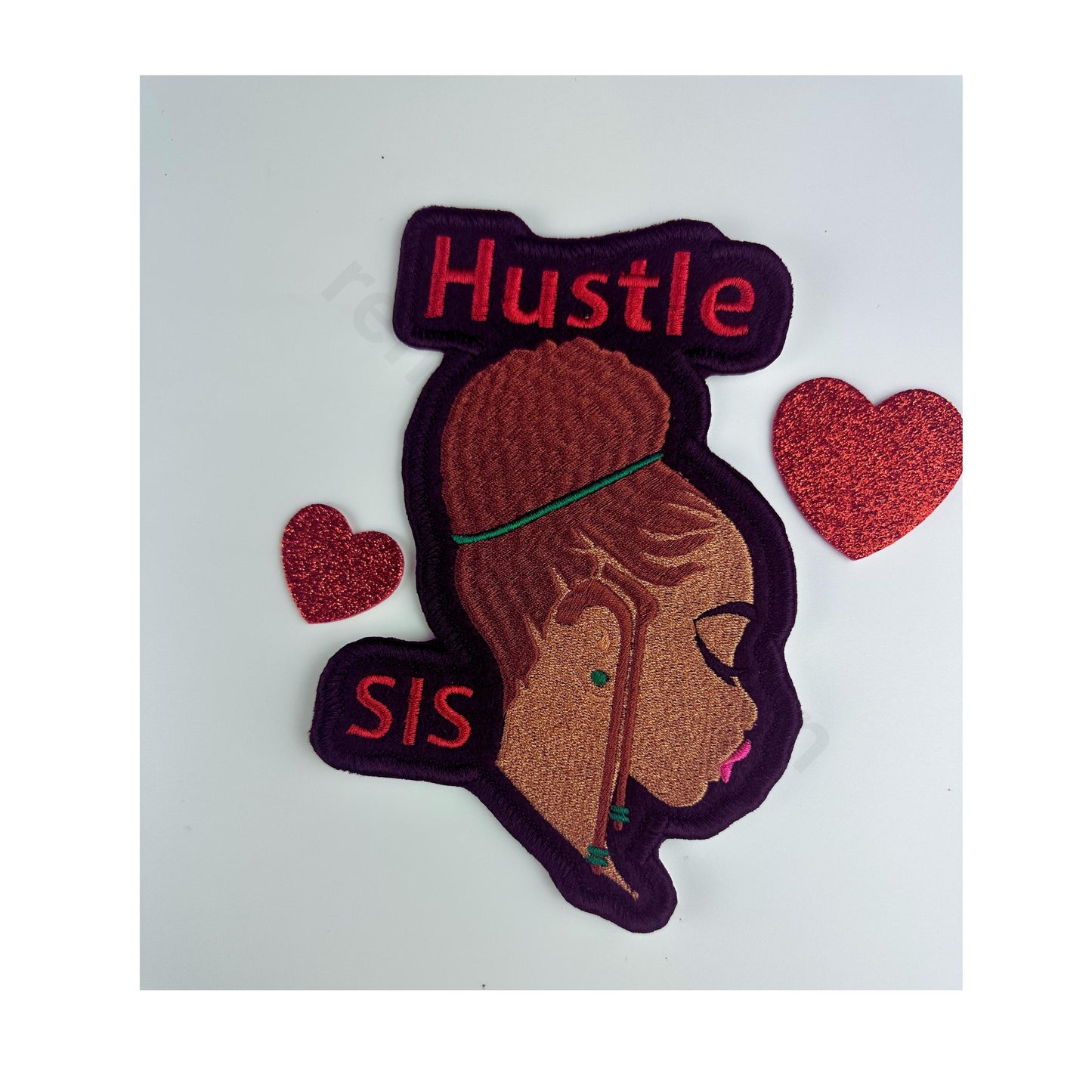 Hustle Sis Embroidery Patch - Black Young Woman reddish-brown hair and green beads-Boss lady