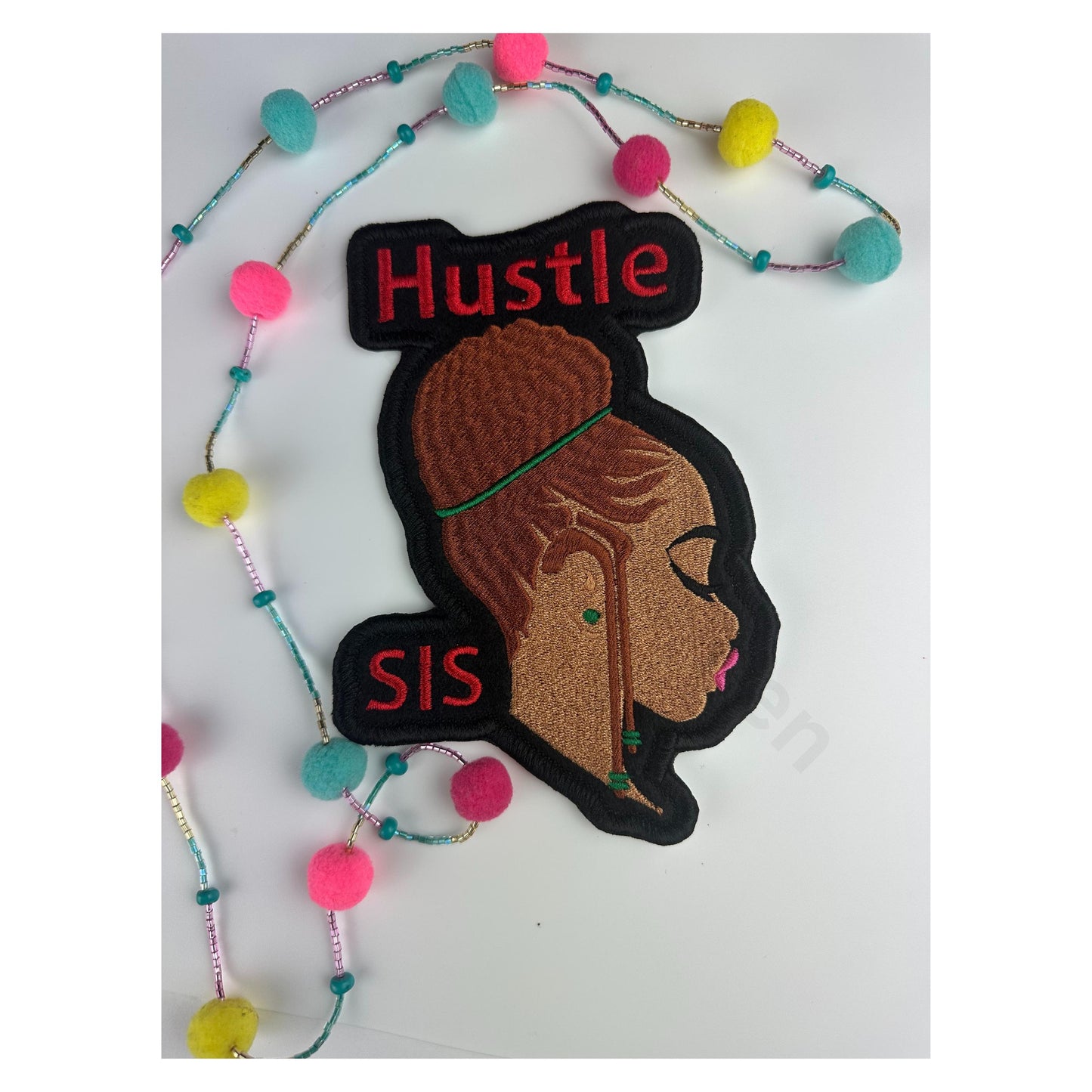 Hustle Sis Embroidery Patch - Black Young Woman reddish-brown hair and green beads-Boss lady