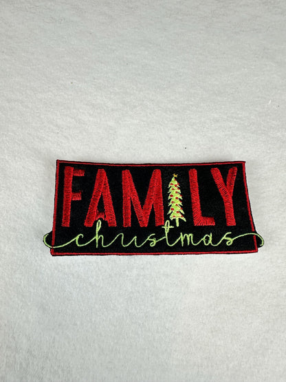 Family Christmas Embroidery Patch, Red & Lime Green on Black, Holiday Patch with Festive Red Border, Christmas Family Decor