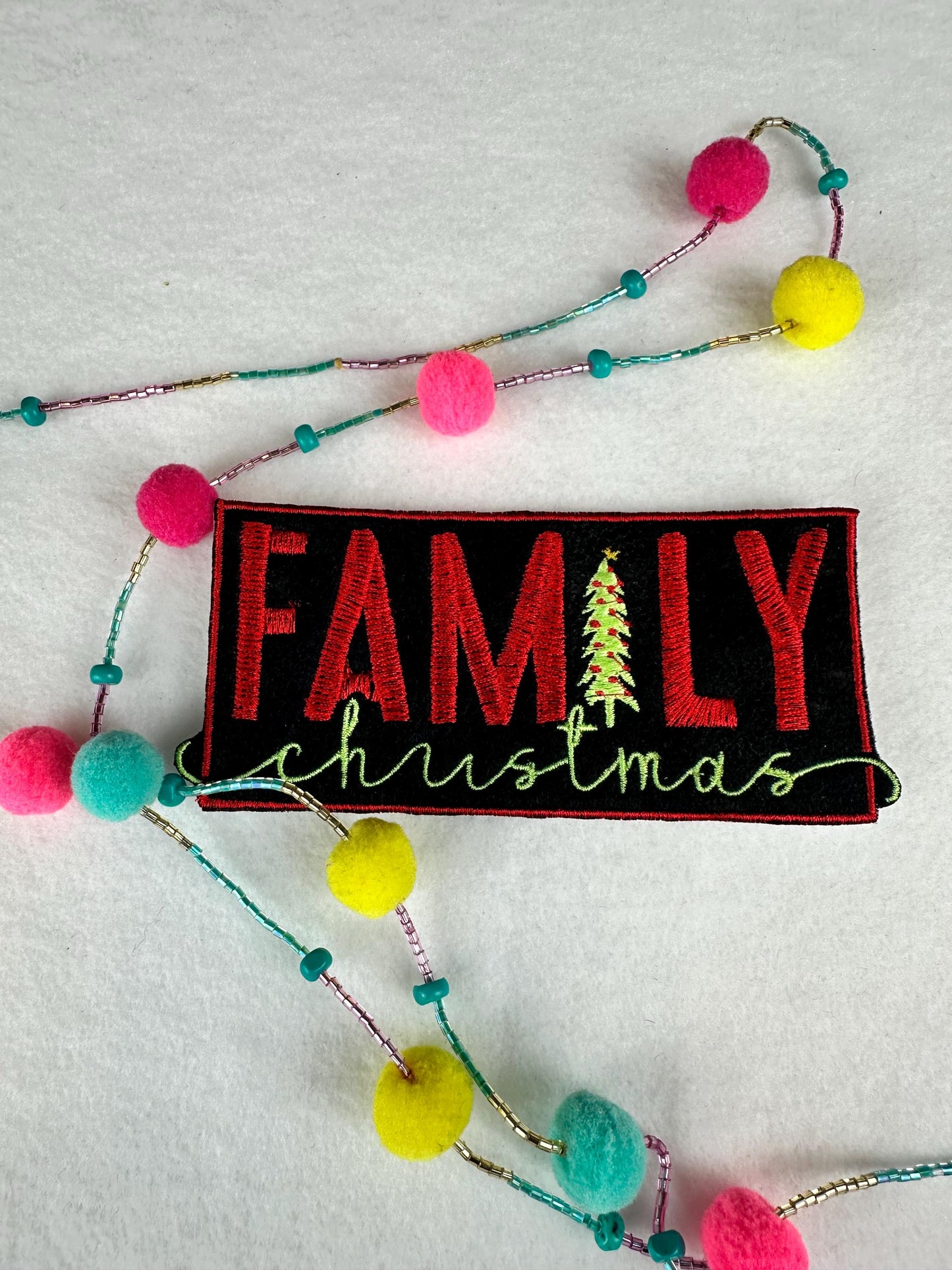 Family Christmas Embroidery Patch, Red & Lime Green on Black, Holiday Patch with Festive Red Border, Christmas Family Decor