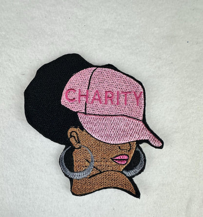 Afro Woman “Charity” Sew-On Patch, 3D Black Woman in Ball Cap Embroidery Patch for Jackets, Bags & Hats
