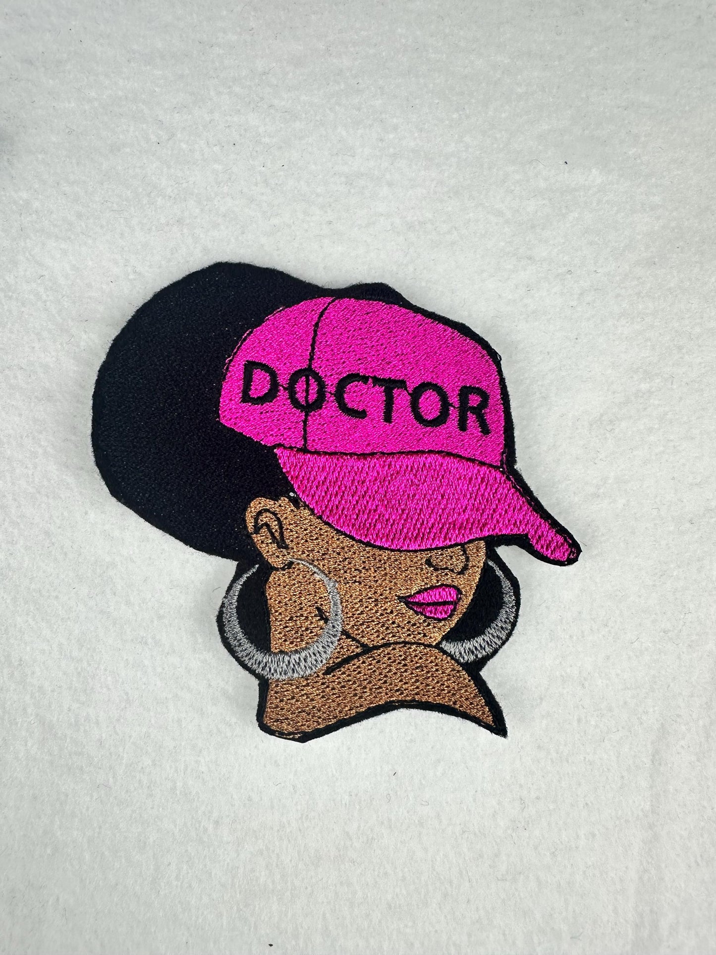 Afro Woman “Doctor” Embroidery Patch, 3D Black Woman Sew On Patch with Iron-On Backing for Placement, Earrings Detail, Doctor Gift