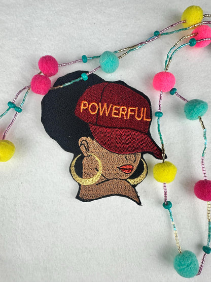 Afro Woman “POWERFUL” Embroidery Patch, 3D Black Woman Patch in Burgundy Cap with Gold Earrings, 3.75" Sew On Patch for Jackets & Bags