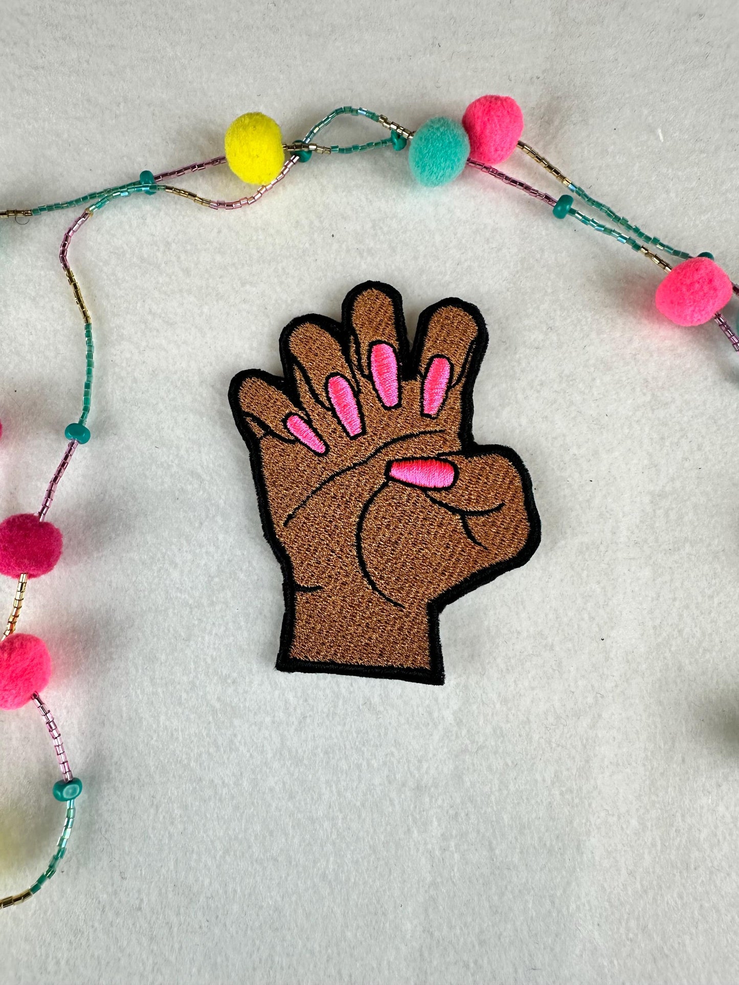 Fingernails and Hand Embroidery Patch, Afro Woman Sew On Patch with Iron-On Backing for Placement, Black Woman Fingernail Handmade Patch