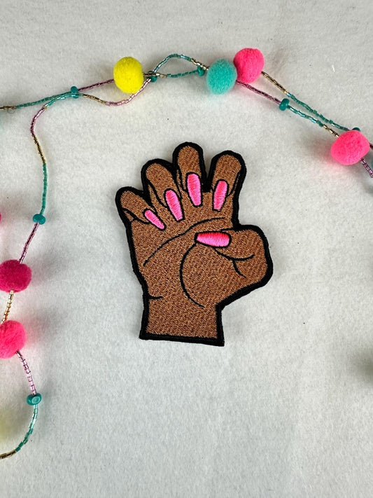 Fingernails and Hand Embroidery Patch, Afro Woman Sew On Patch with Iron-On Backing for Placement, Black Woman Fingernail Handmade Patch