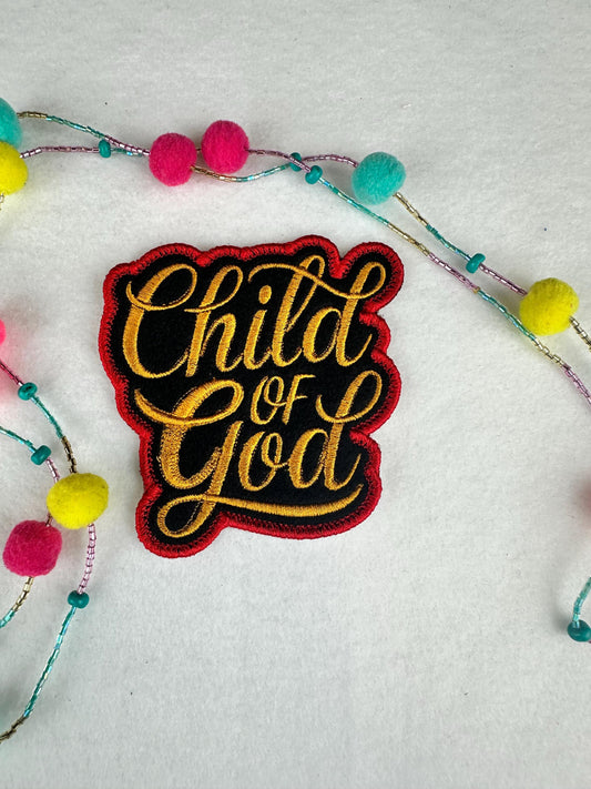 Child of God Embroidery Patch, Gold Lettering on Black with Red Border, Christian Sew On Patch with Adhesive for Placement, Jackets & Bags