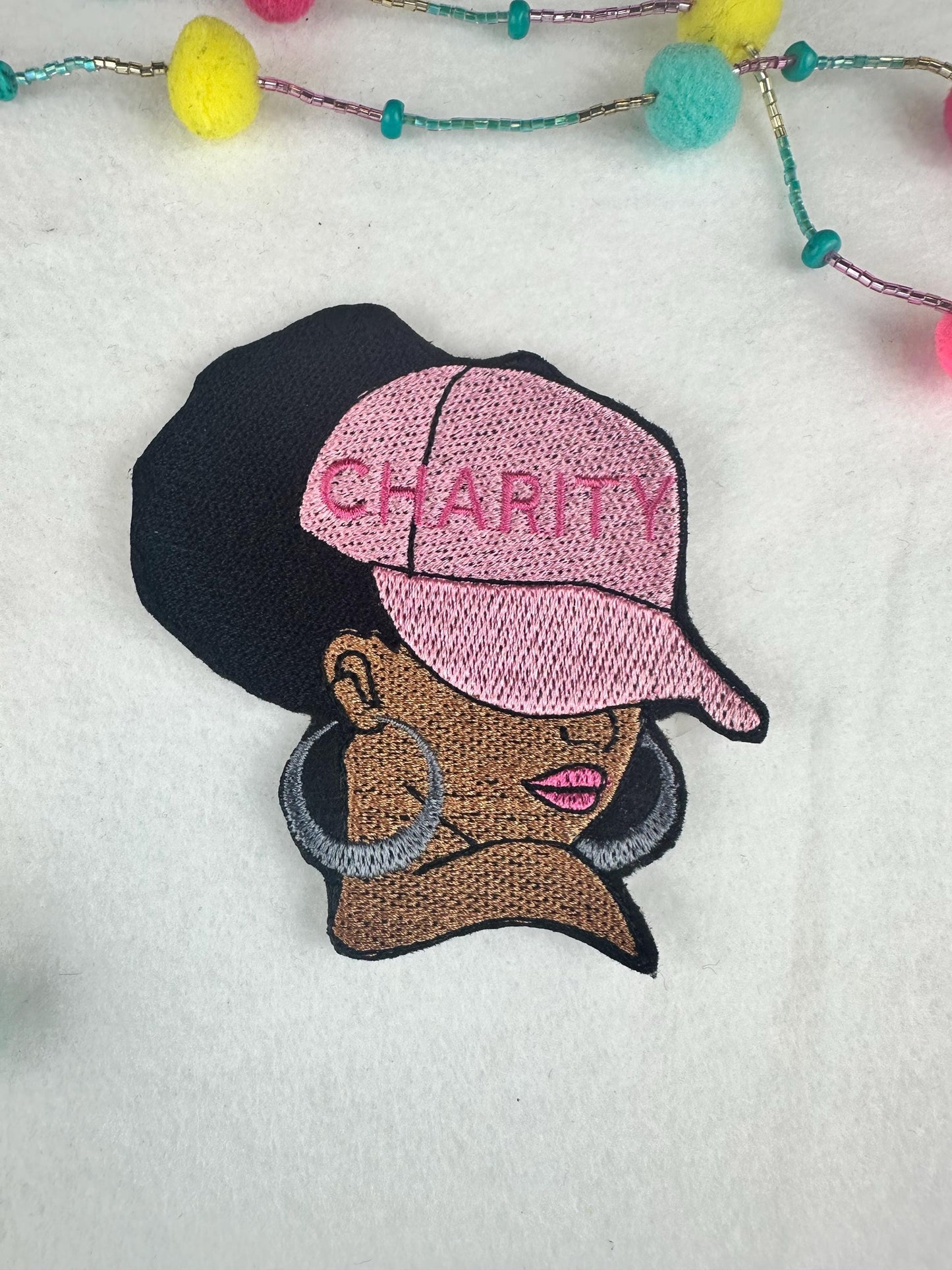 Afro Woman “Charity” Sew-On Patch, 3D Black Woman in Ball Cap Embroidery Patch for Jackets, Bags & Hats