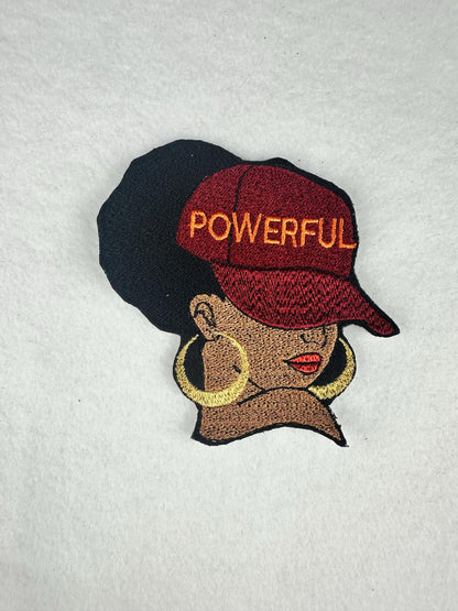 Afro Woman “POWERFUL” Embroidery Patch, 3D Black Woman Patch in Burgundy Cap with Gold Earrings, 3.75" Sew On Patch for Jackets & Bags