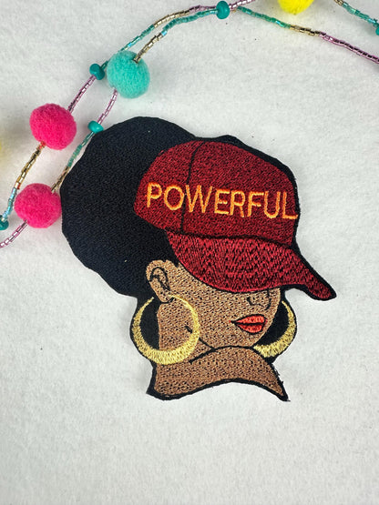 Afro Woman “POWERFUL” Embroidery Patch, 3D Black Woman Patch in Burgundy Cap with Gold Earrings, 3.75" Sew On Patch for Jackets & Bags