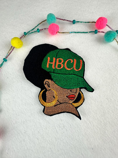 HBCU Afro Woman Embroidery Patch, 3D Black Woman Patch, Ball Cap with Gold Earrings, 3.75" Sew On with Iron-On Adhesive for Placement