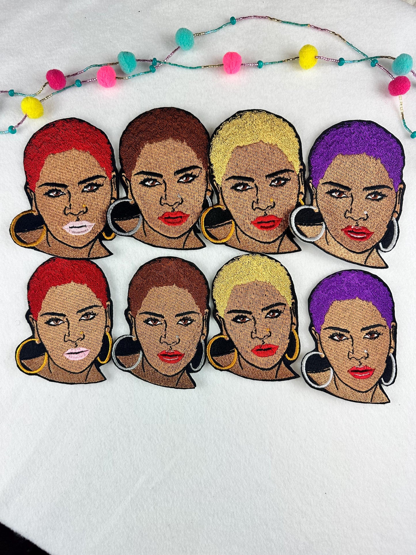 Black Woman Bundle Embroidery Patch (Set of 3), Short Afro Nose Ring Patch, Earrings & Lipstick, Sew On with Iron-On Adhesive for Placement