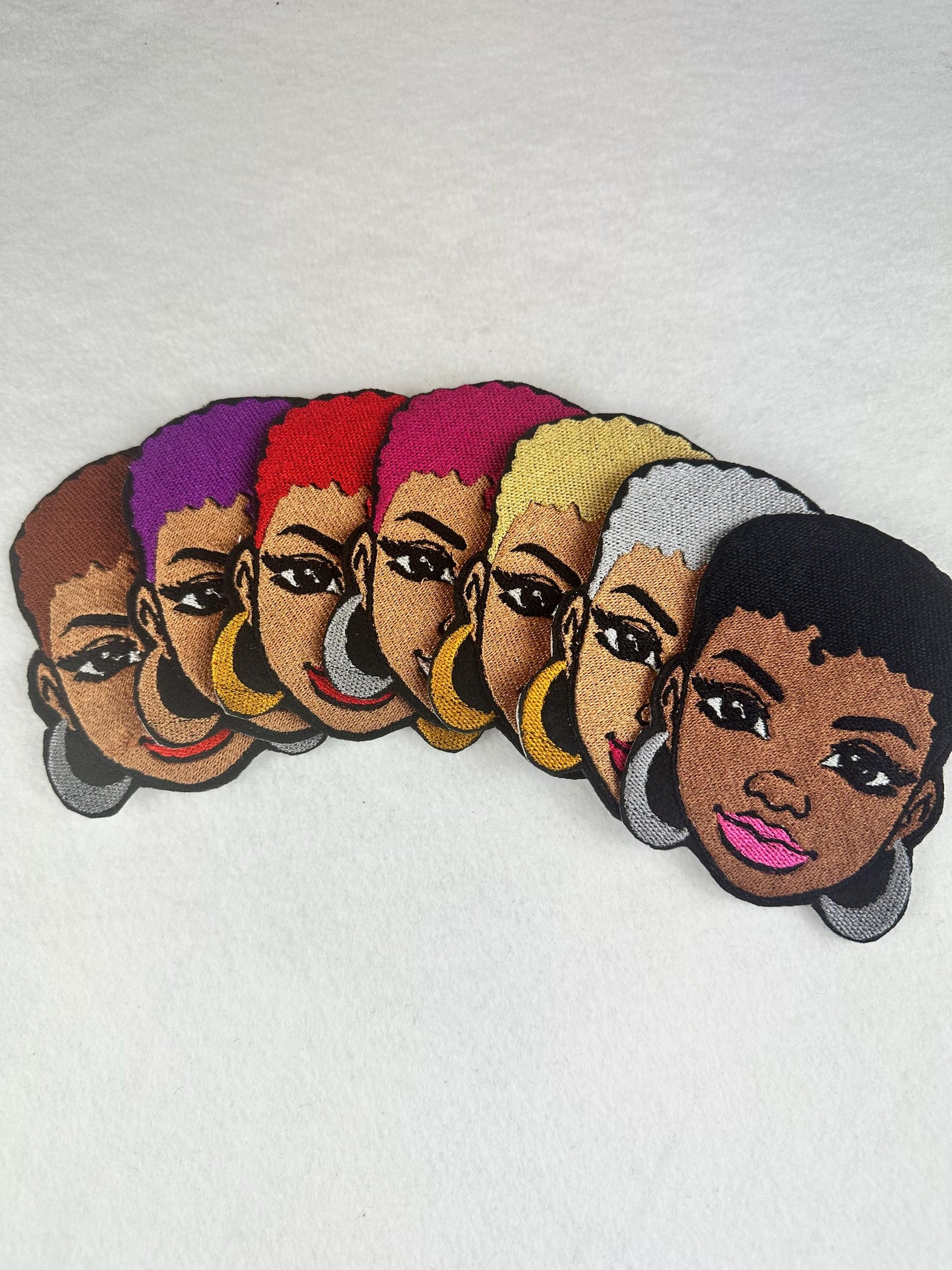 Afro Woman Embroidery Patch, 7 Bold Colors Afro Woman Patches with Earrings, Sew-On with Iron-On Adhesive for Placement