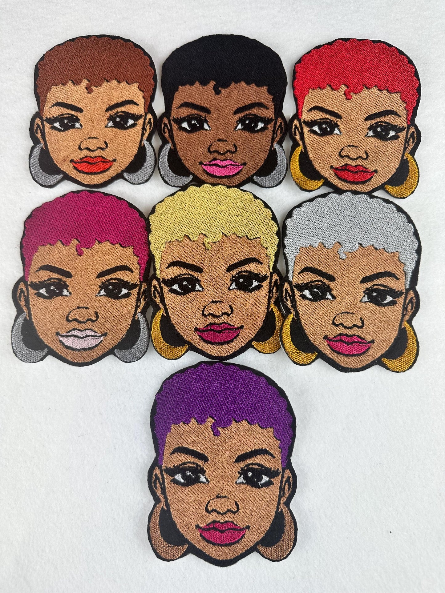 Afro Woman 7 pc. BUNDLE Embroidery Patch Set |  Bold Color Afro Woman Patches with Earrings, Sew-On with Iron-On Adhesive for Placement