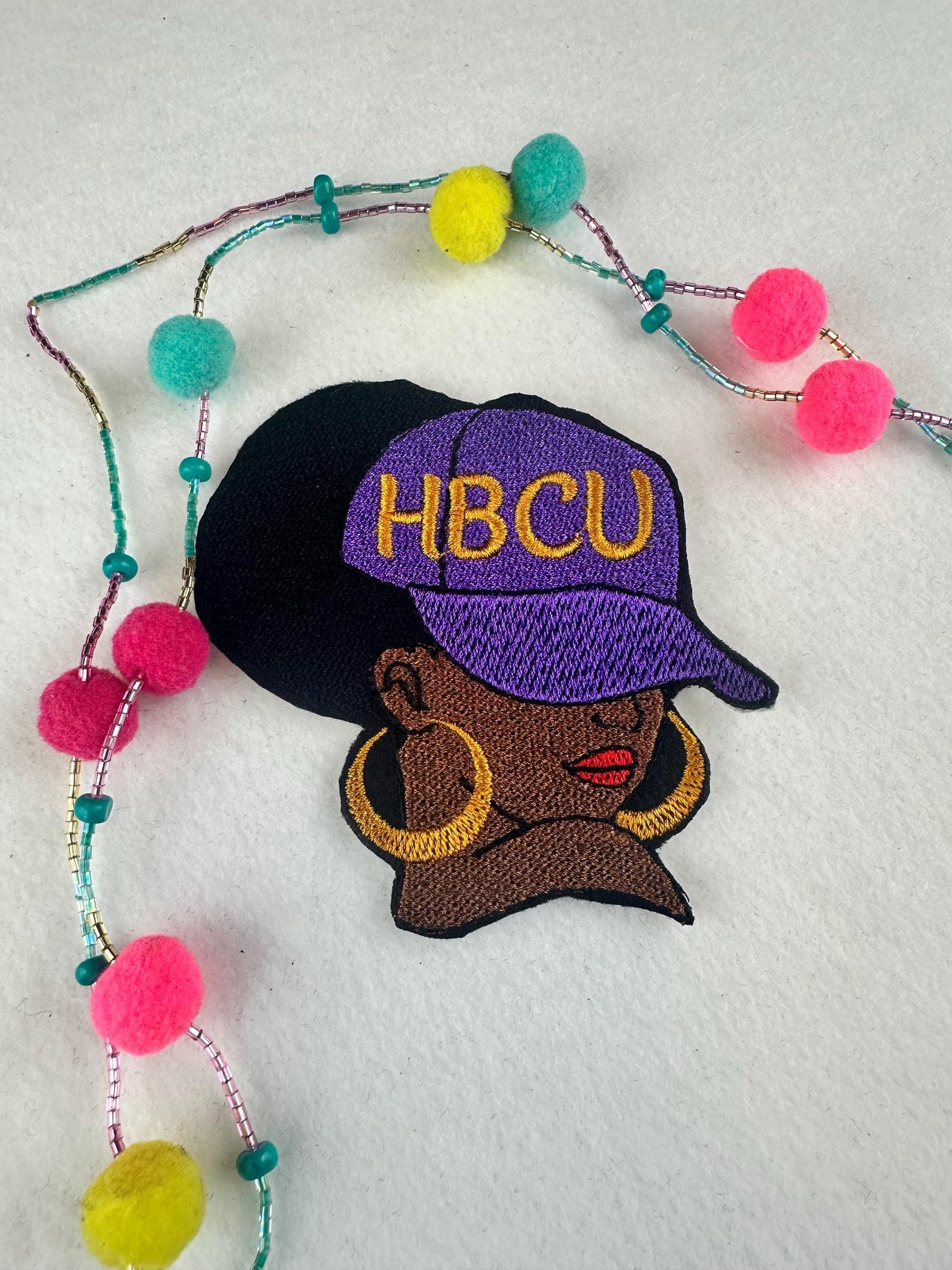 HBCU Afro Woman Embroidery Patch, 3D Black Woman Patch, Ball Cap with Earrings, 3.75" Sew On with Iron-On Adhesive for Placement