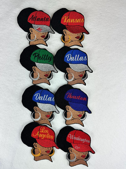 Afro City BUNDLE  or 3 Embroidery Patch, City Name 7 Designs, 3D Black Woman Patch, Sew On with Iron-On Adhesive for Placement