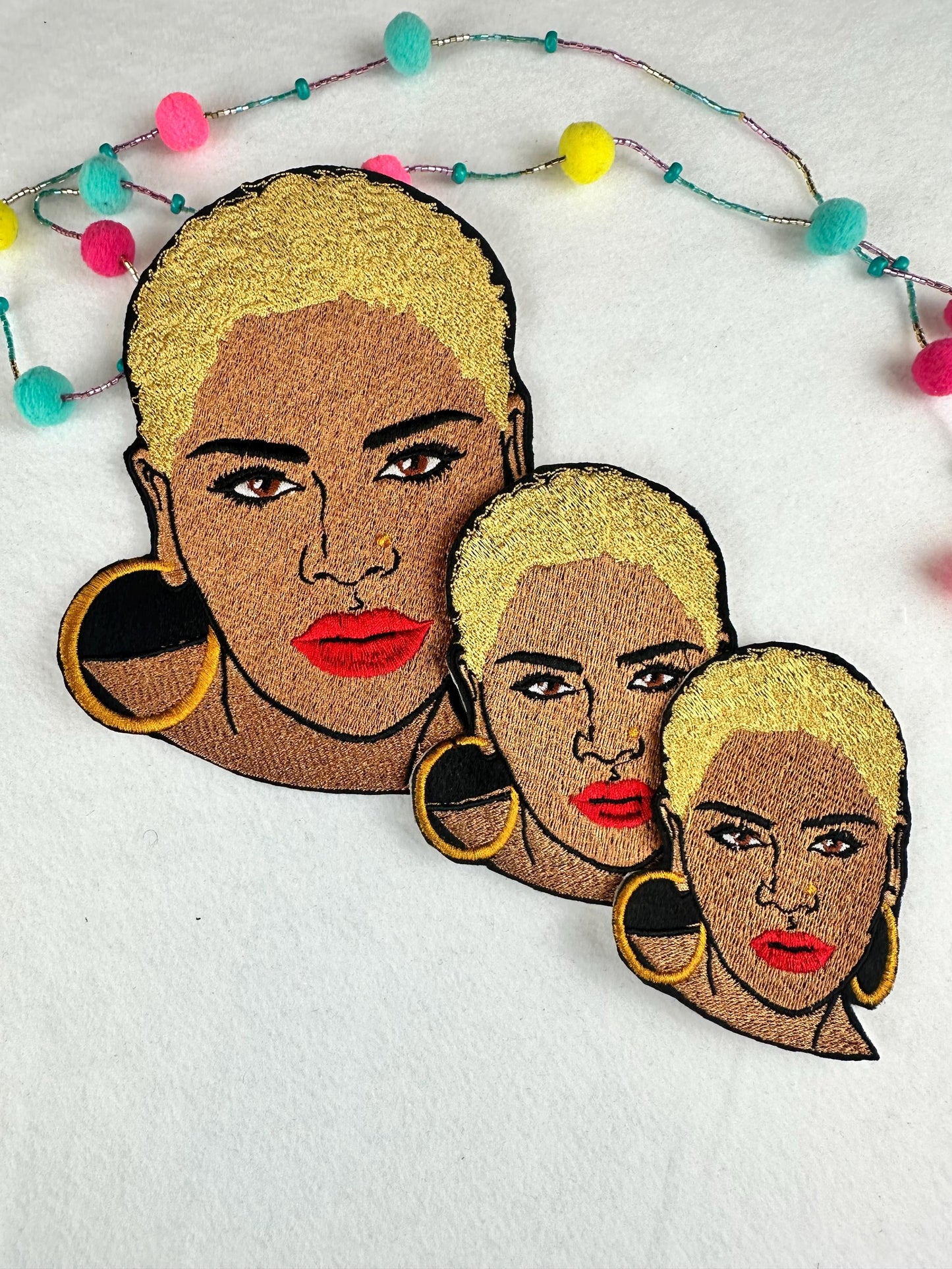 Black Woman Bundle Embroidery Patch (Set of 3), Short Afro Nose Ring Patch, Earrings & Lipstick, Sew On with Iron-On Adhesive for Placement