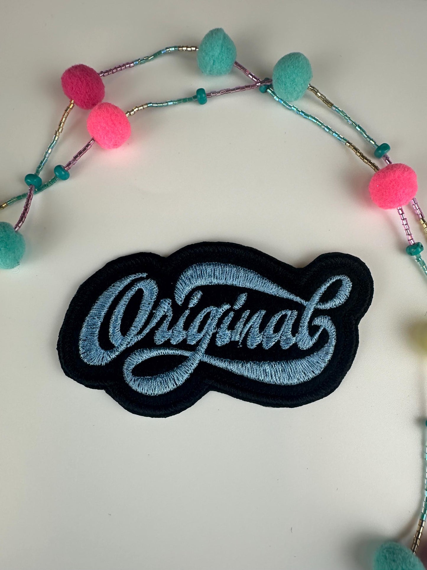 Original Embroidery Patch, Red Gold or Light Blue Design, Black Satin Border Patch, Sew On with Iron-On Adhesive for Placement