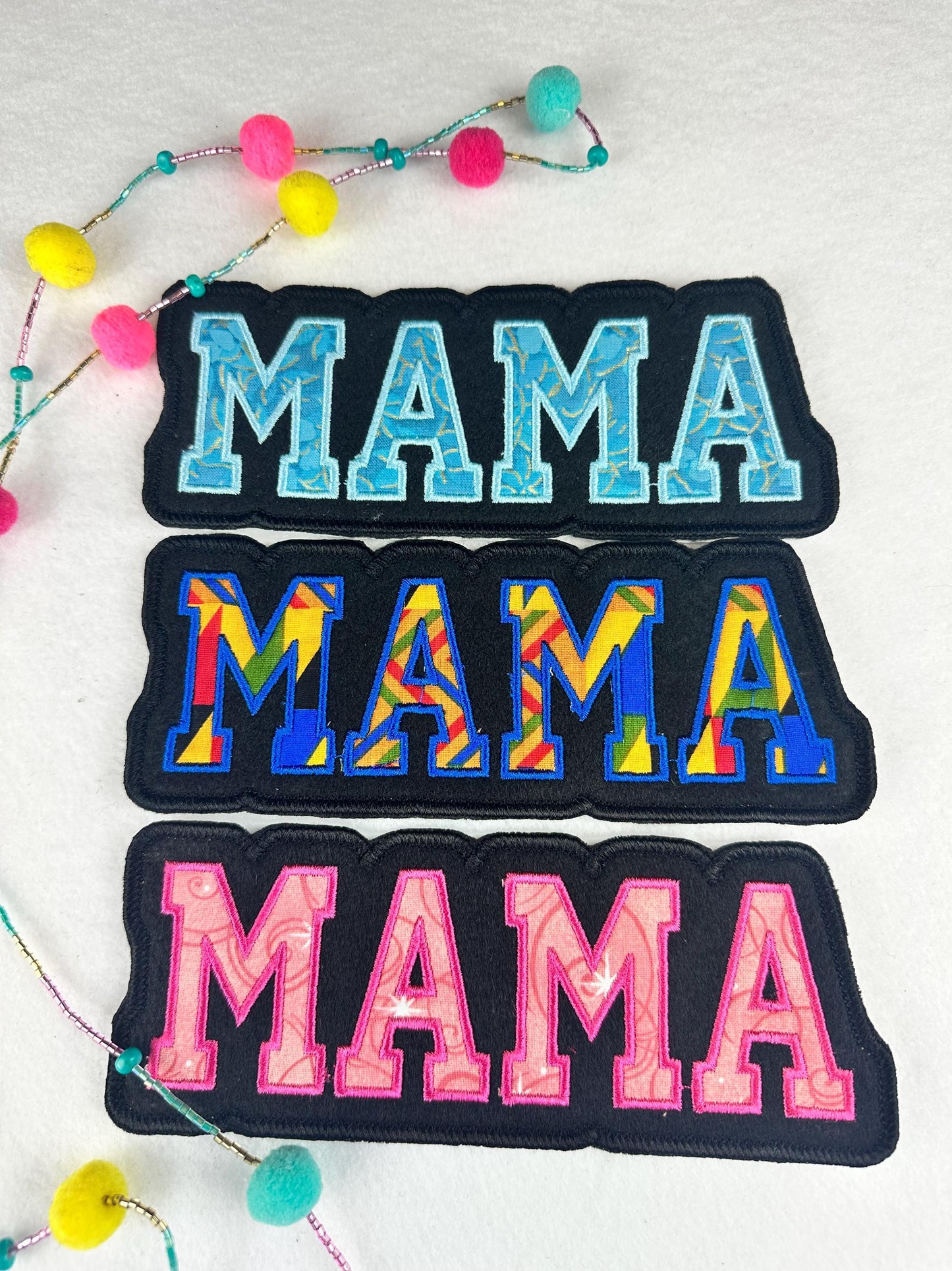 MAMA Embroidery Applique Patch, 7" | Colorful Fabrics Satin Border Patch, Jackets Bags Backpacks, Sew On with Iron-On Adhesive for Placement