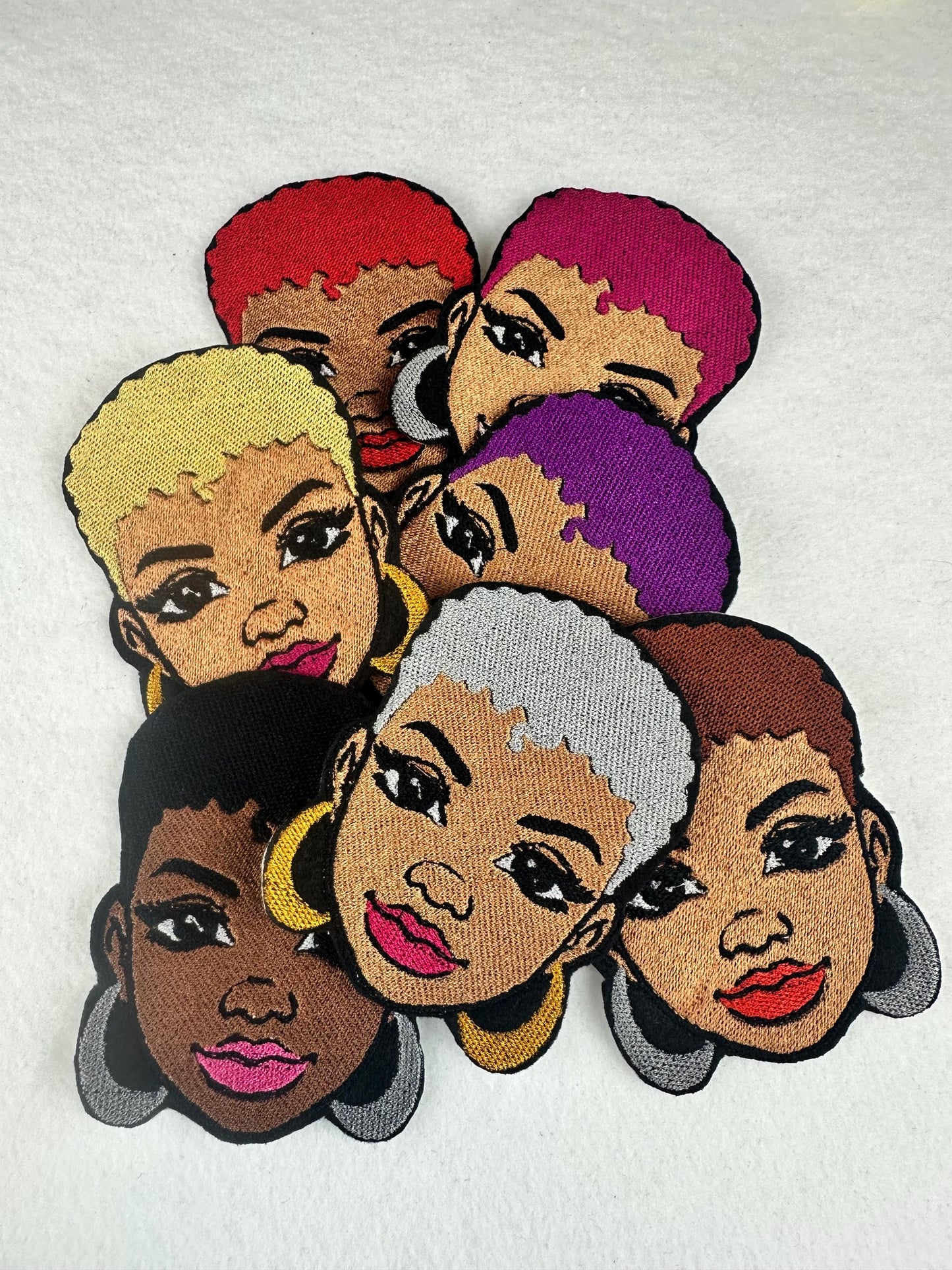 Afro Woman Embroidery Patch, 7 Bold Colors Afro Woman Patches with Earrings, Sew-On with Iron-On Adhesive for Placement