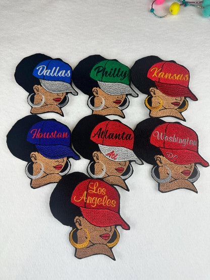 Afro City Name Embroidery Patch, City Name 7 Designs, 3D Black Woman Patch, Earrings Lipstick, Sew On with Iron-On Adhesive for Placement