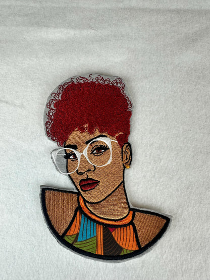Black Woman Embroidery Patch, Afro Hair Patch with Colorful Glasses, African Fabric Top, Sew On with Iron-On Adhesive for Placement