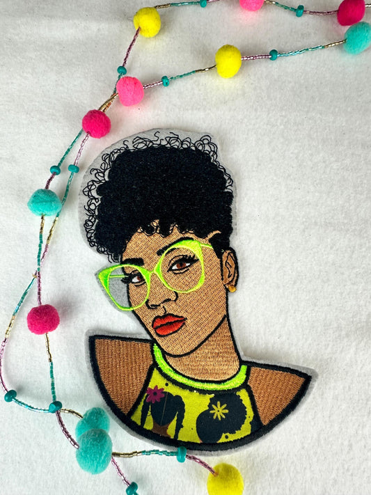 Black Woman Embroidery Patch, Afro Hair Patch with Colorful Glasses, African Fabric Top, Sew On with Iron-On Adhesive for Placement