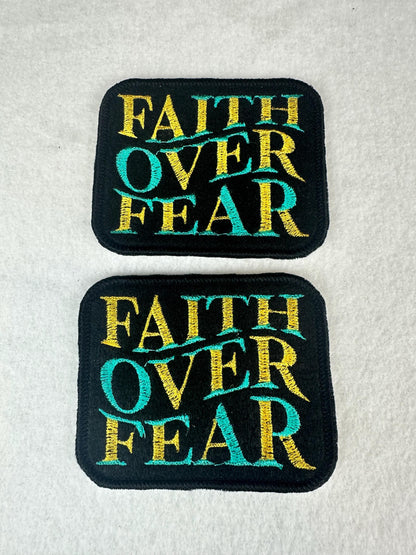 Faith Over Fear Patch, Christian Iron On Embroidery Patch, Gold and Teal Statement  for Jackets, Totes plus Backpacks
