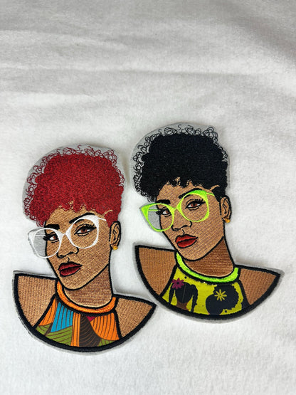 Black Woman Embroidery Patch, Afro Hair Patch with Colorful Glasses, African Fabric Top, Sew On with Iron-On Adhesive for Placement