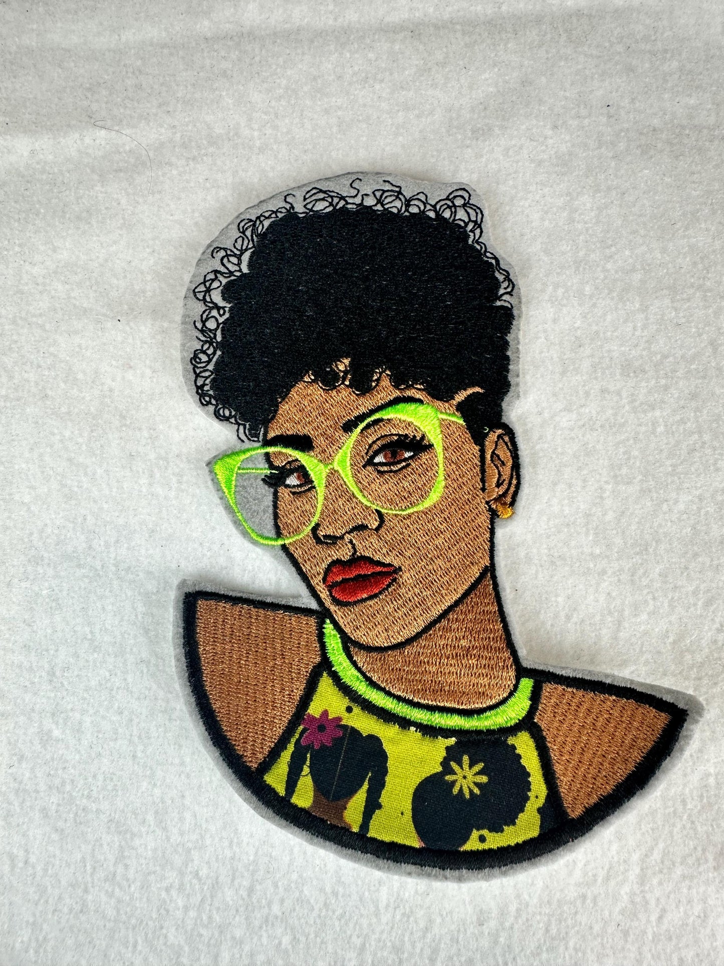 Black Woman Embroidery Patch, Afro Hair Patch with Colorful Glasses, African Fabric Top, Sew On with Iron-On Adhesive for Placement