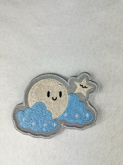Kawaii Moon Cloud Patch, Cute Night Sky Embroidered Patch, Cloud & Stars, Sew On Patch with Iron-On Adhesive for Placement Backpack Patch
