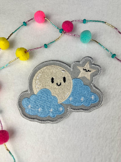 Kawaii Moon Cloud Patch, Cute Night Sky Embroidered Patch, Cloud & Stars, Sew On Patch with Iron-On Adhesive for Placement Backpack Patch