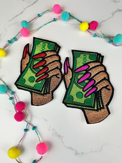 Black Woman's Hand Holding Money Embroidery Patch, Flawless Nails Patch, , Sew On with Iron-On Adhesive for Placement. Nail tech gift